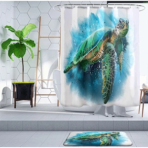 Sea Turtle Shower Curtain Set with Non-Slip Bath Mat Nautical Ocean Shower Curtains with Hooks Durable Waterproof Bath Curtain