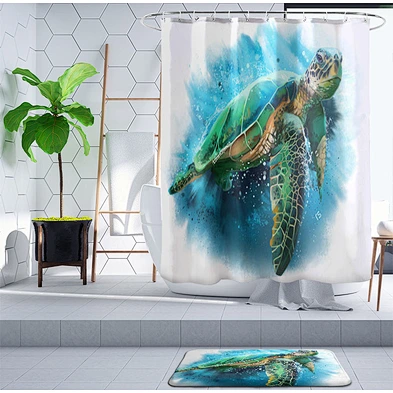 Sea Turtle Shower Curtain Set with Non-Slip Bath Mat Nautical Ocean Shower Curtains with Hooks Durable Waterproof Bath Curtain