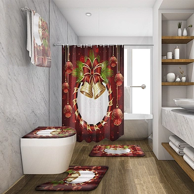 Christmas Bathroom Shower Curtain Mat Set 4 pieces Waterproof  Non Slip Rug Shower Curtain For bathroom Xmas Decoration