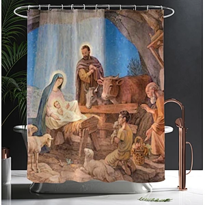 designed bathrooms set BathrooWaterproof anti-bacterial Fabric nativity of jesus bath curtain set bathroom