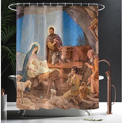 designed bathrooms set BathrooWaterproof anti-bacterial Fabric nativity of jesus bath curtain set bathroom