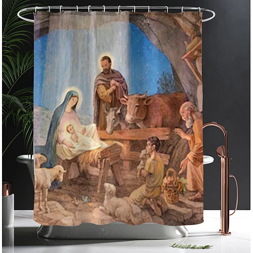 designed bathrooms set BathrooWaterproof anti-bacterial Fabric nativity of jesus bath curtain set bathroom