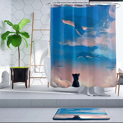 Latest Kids Style Cute Blue Whale Printing Waterproof Bath polyester kid cartoon whale  Hookless Shower Curtain