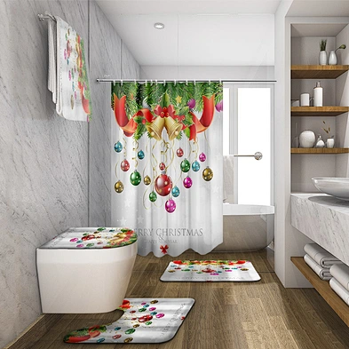 Christmas Bathroom Shower Curtain Mat Set 4 pieces Waterproof  Non Slip Rug Shower Curtain For bathroom Xmas Decoration