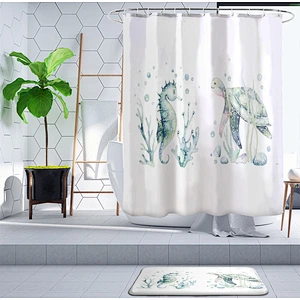 Sea Turtle Shower Curtain Set with Non-Slip Bath Mat Nautical Ocean Shower Curtains with Hooks Durable Waterproof Bath Curtain