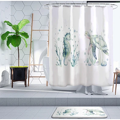 Sea Turtle Shower Curtain Set with Non-Slip Bath Mat Nautical Ocean Shower Curtains with Hooks Durable Waterproof Bath Curtain