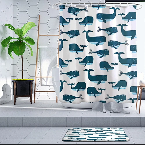 Latest Kids Style Cute Blue Whale Printing Waterproof Bath polyester kid cartoon whale  Hookless Shower Curtain