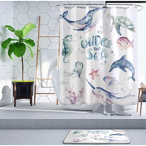 Sea Turtle Shower Curtain Set with Non-Slip Bath Mat Nautical Ocean Shower Curtains with Hooks Durable Waterproof Bath Curtain