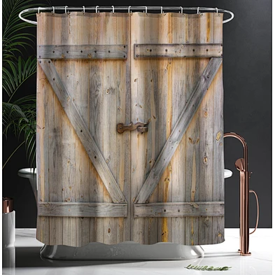 3d Printed Rustic Wooden Barn Door Shower Curtain with Hooks Vintage Style Door Locked Pattern Polyester   anti-bacteria Curtain