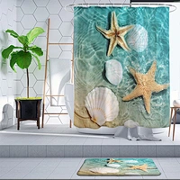 Starfish Beach Shower Curtain Waves Ocean Sky Shower Curtain Waterproof Polyester  seashell Shower Curtain with 12 Hooks