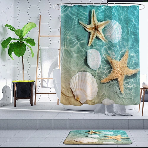 Starfish Beach Shower Curtain Waves Ocean Sky Shower Curtain Waterproof Polyester  seashell Shower Curtain with 12 Hooks