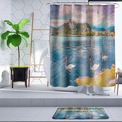 Customized washable  anti-bacteral ocean sea scenery shower curtain HD printing waterproof bathroom shower curtain