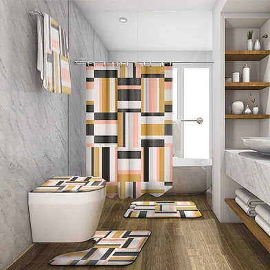 Most Popular Mid-Century  Pattern Custom 100% Polyester Bathroom Sets With Shower Curtain and Rugs custom digital printing