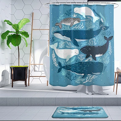 Latest Kids Style Cute Blue Whale Printing Waterproof Bath polyester kid cartoon whale  Hookless Shower Curtain
