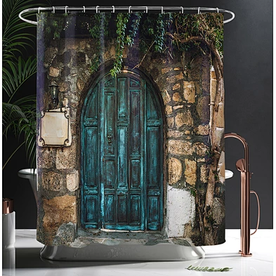 3d Printed Rustic Wooden Barn Door Shower Curtain with Hooks Vintage Style Door Locked Pattern Polyester   anti-bacteria Curtain