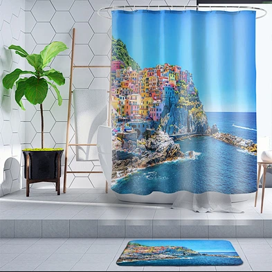 Customized washable  anti-bacteral ocean sea scenery shower curtain HD printing waterproof bathroom shower curtain