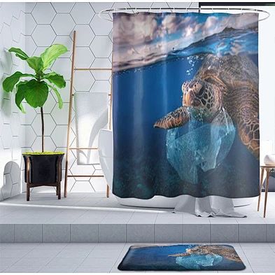 Sea Turtle Shower Curtain Set with Non-Slip Bath Mat Nautical Ocean Shower Curtains with Hooks Durable Waterproof Bath Curtain
