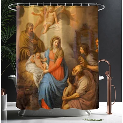 designed bathrooms set BathrooWaterproof anti-bacterial Fabric nativity of jesus bath curtain set bathroom