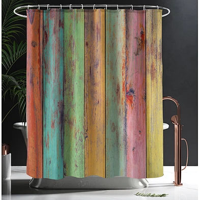 3d Printed Rustic Wooden Barn Door Shower Curtain with Hooks Vintage Style Door Locked Pattern Polyester   anti-bacteria Curtain