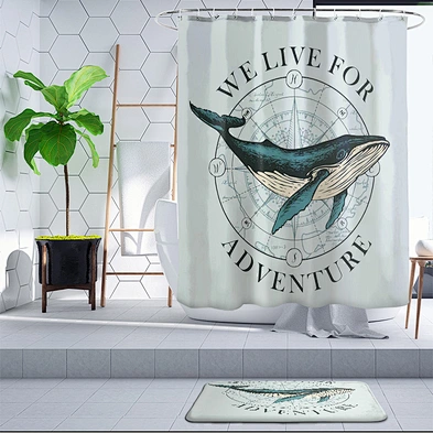 Latest Kids Style Cute Blue Whale Printing Waterproof Bath polyester kid cartoon whale  Hookless Shower Curtain