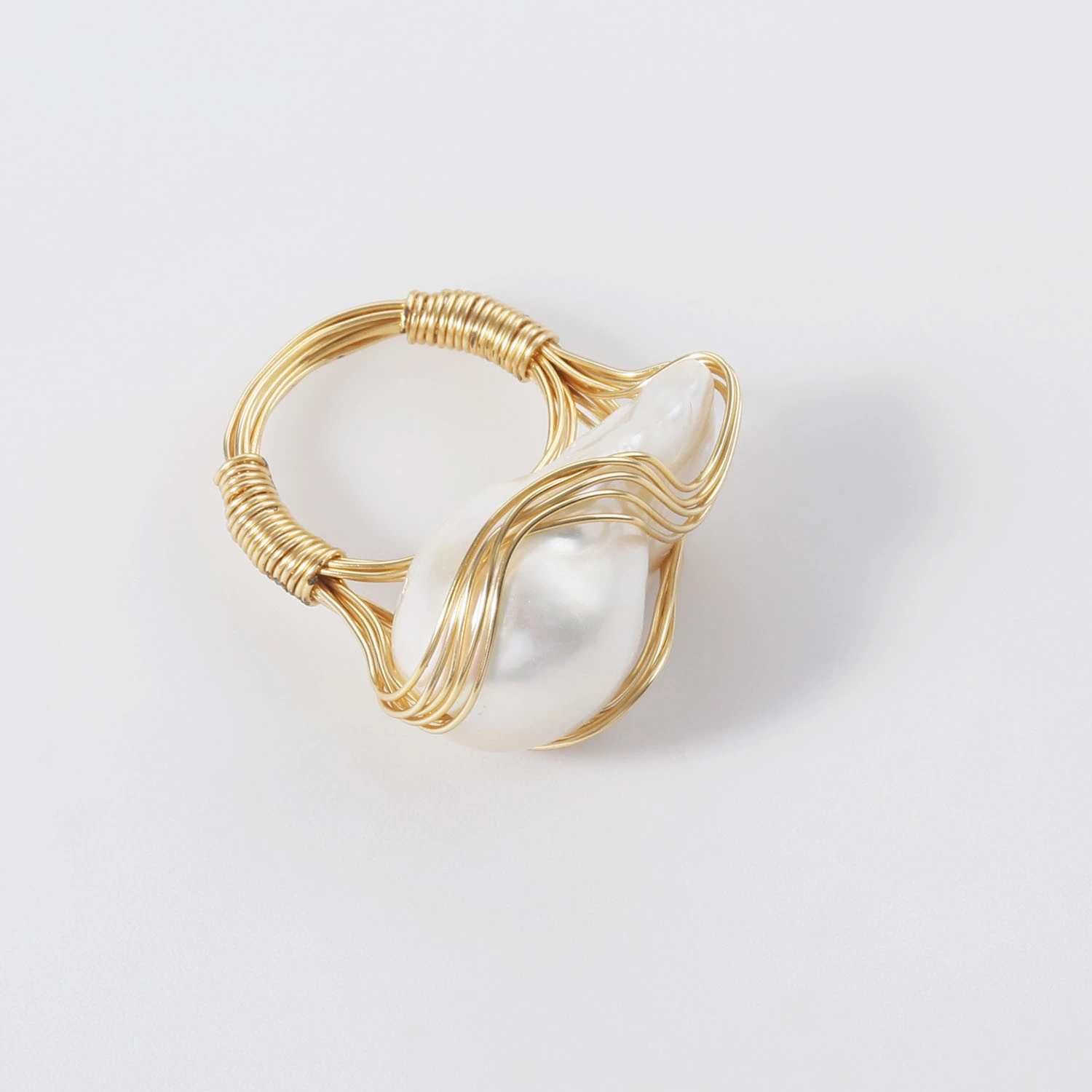 15x20mm baroque pearl wedding brass wire ring resizable brass chain gold plated ring