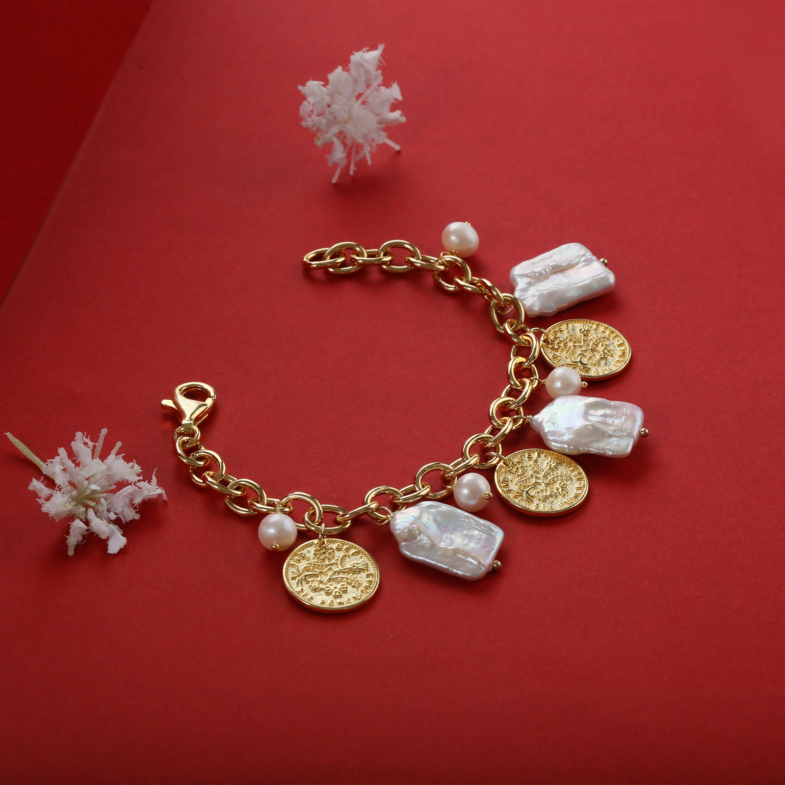 17.8x28.3mm silver charm pendant+15x21mm square pearl+7-8mm freshwater round pearl silver charm bracelet