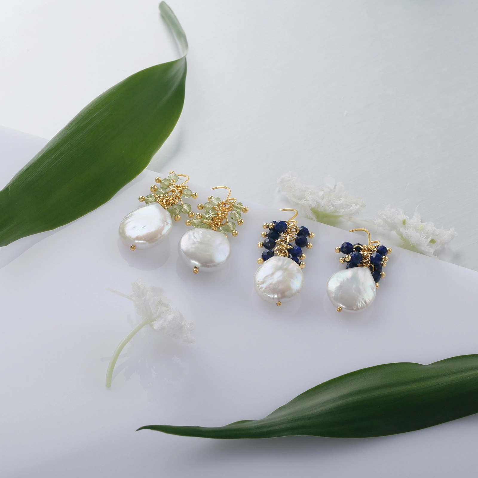 14-15mm freshwater coin pearl hook earrings for women with 3mm faceted lapis/petidot