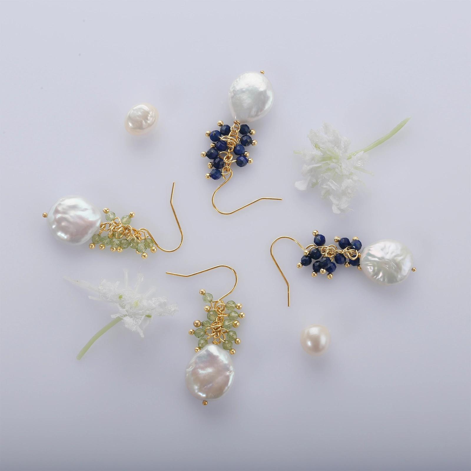 elegant pearl hook earrings with gemstone (3mm lapis&peridot) coin pearl drop earrings