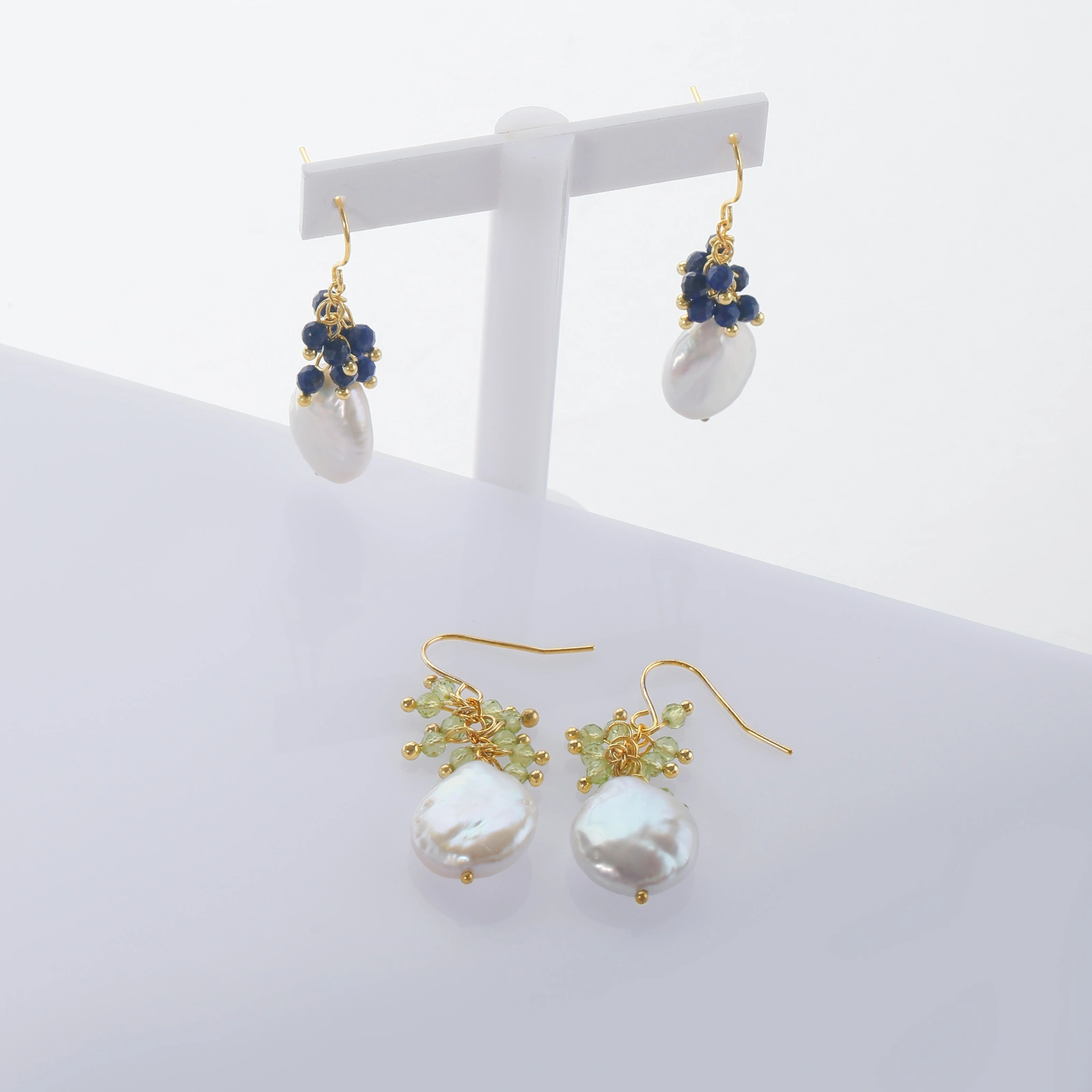 925 sterling silver pearl hook earrings gold plated 14-15mm coin pearl drop with 3mm lapis/peridot