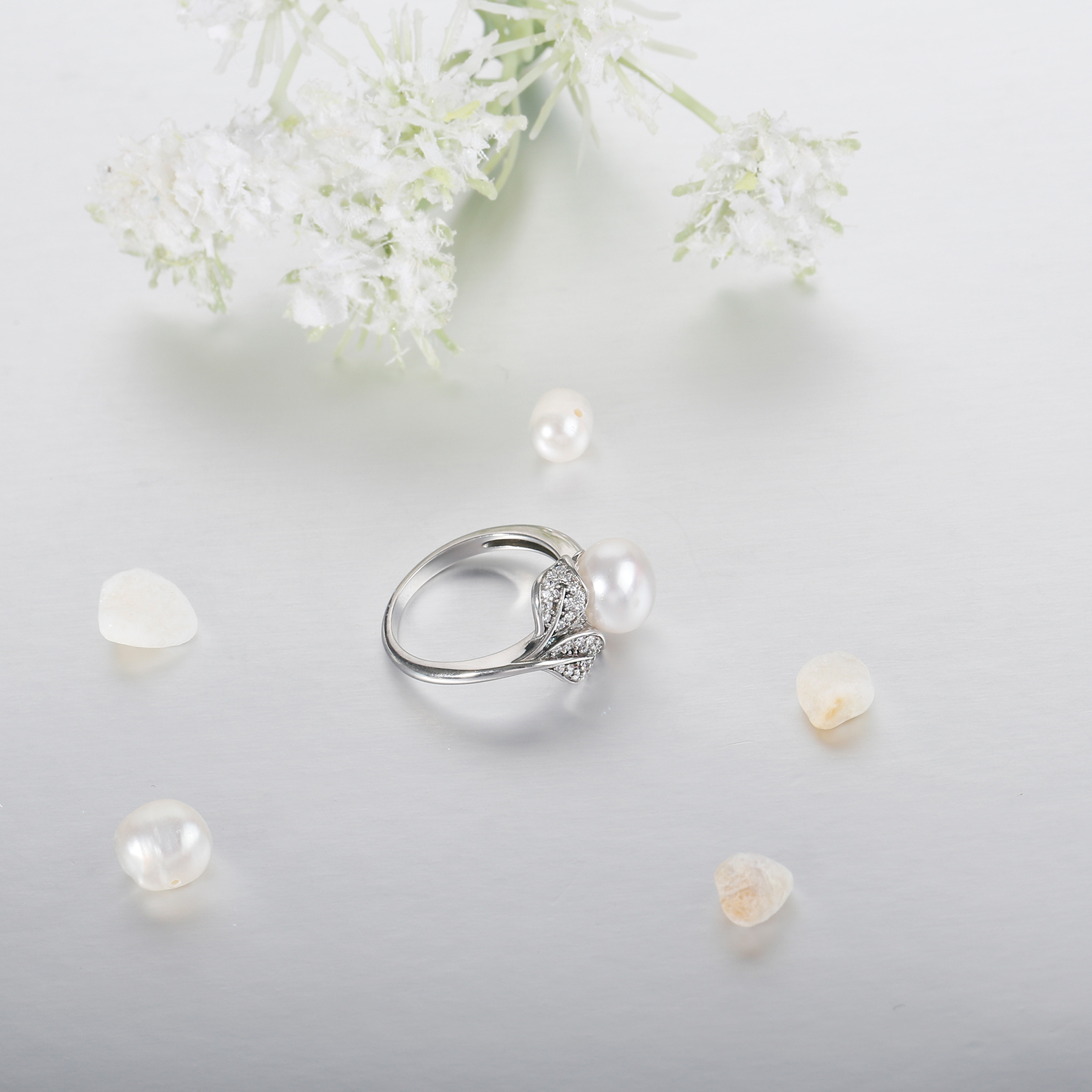 9-10mm white pearl ring fashion silver leaf cz design