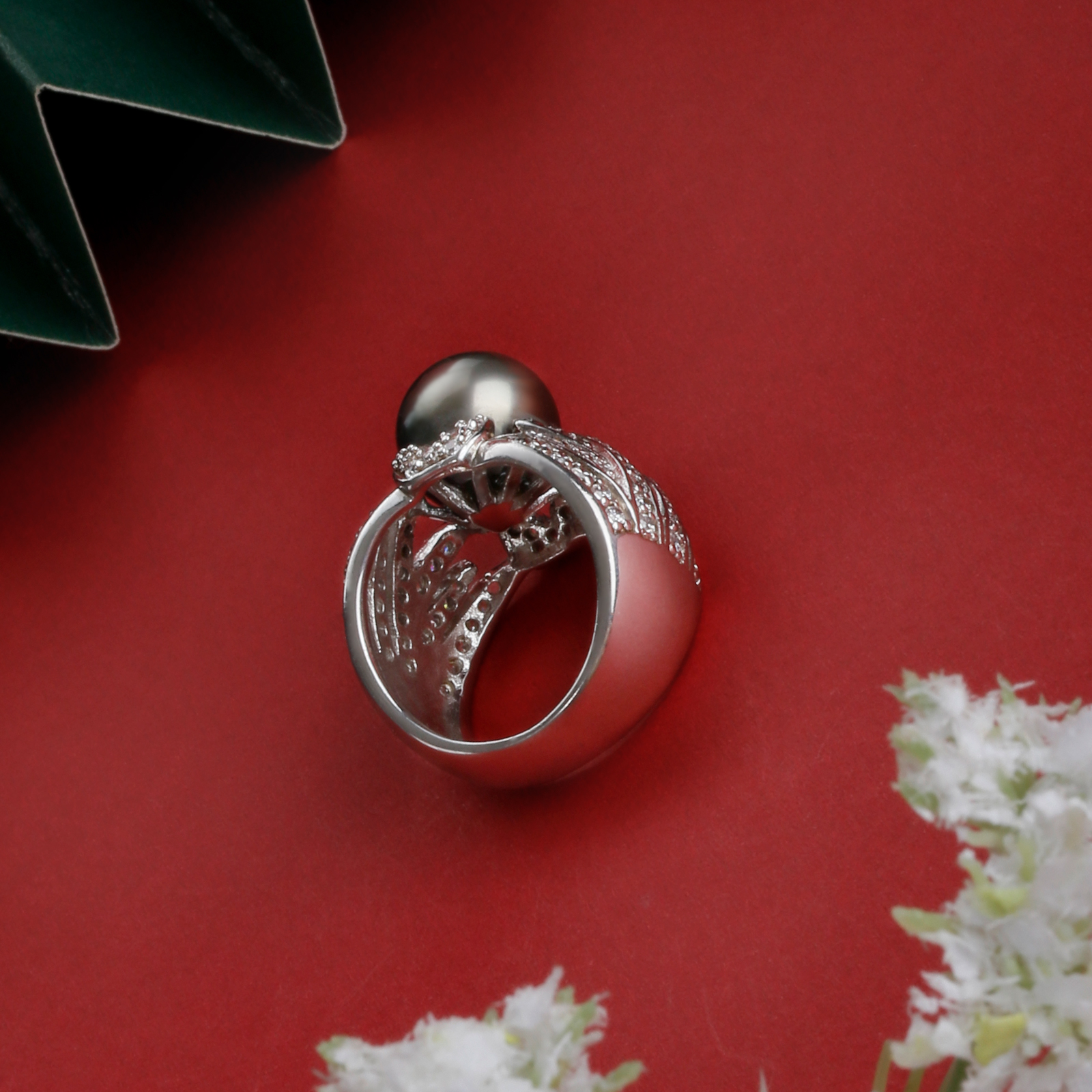 10-11mm large round tahitian pearl silver cz ring for men women 925 sterling silver pearl ring