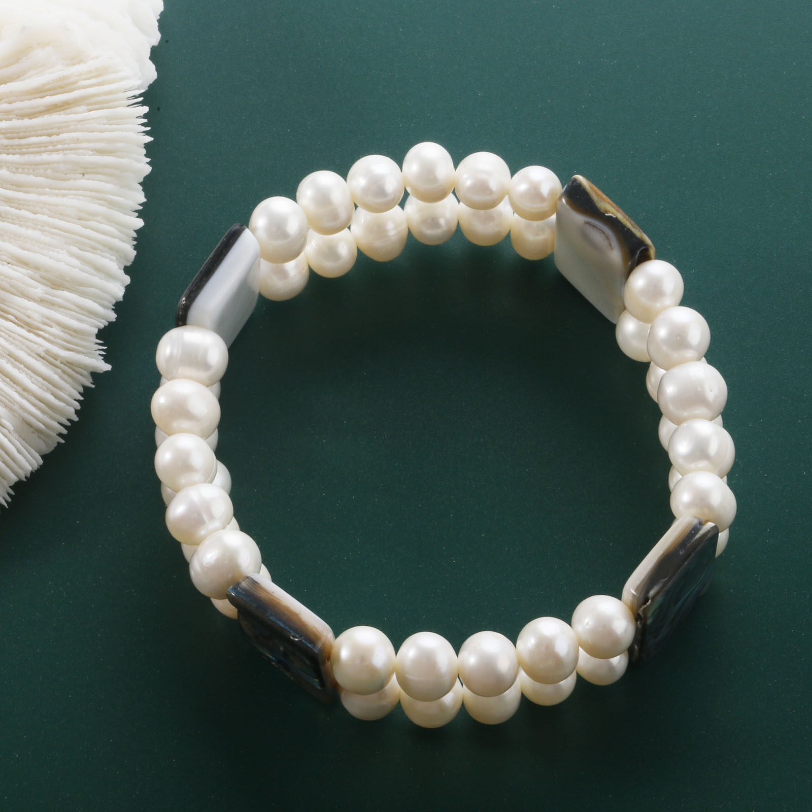 7-8mm two rows white freshwater pearl bracelet with 14x19mm abalone shell pearl stretch bracelet