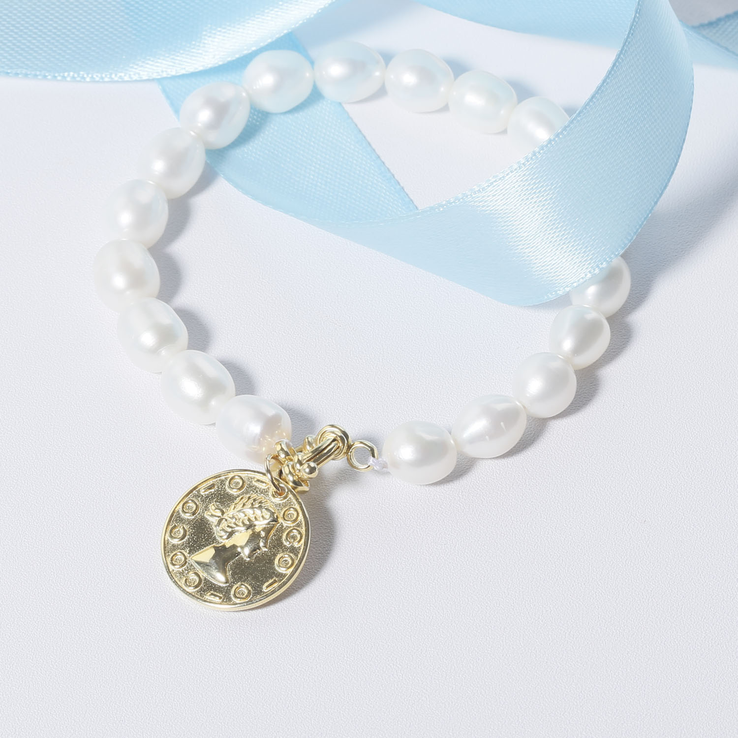 rice shape frehswater pearl stretch bracelet with silver charm for women girls gifts