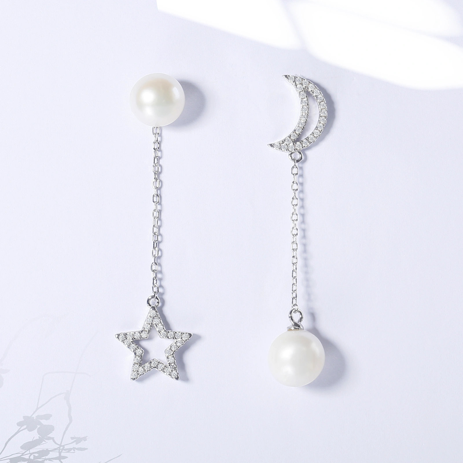 handmade silver cz stud earrings fashion star&moon charm white pearl drop earrings