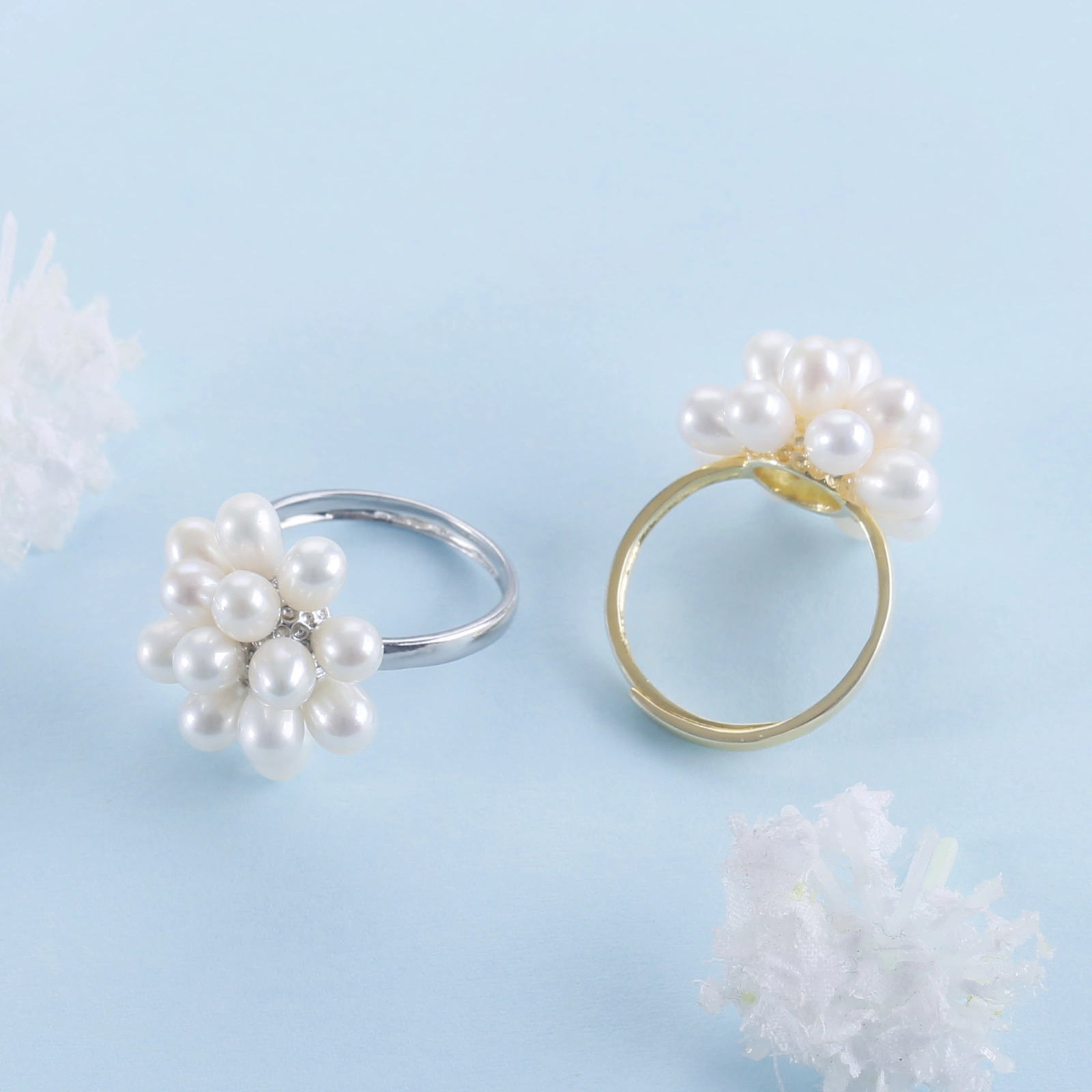 fashion elegant women men ring freshwater pearl cluster silver ring gold plated rhodium plated