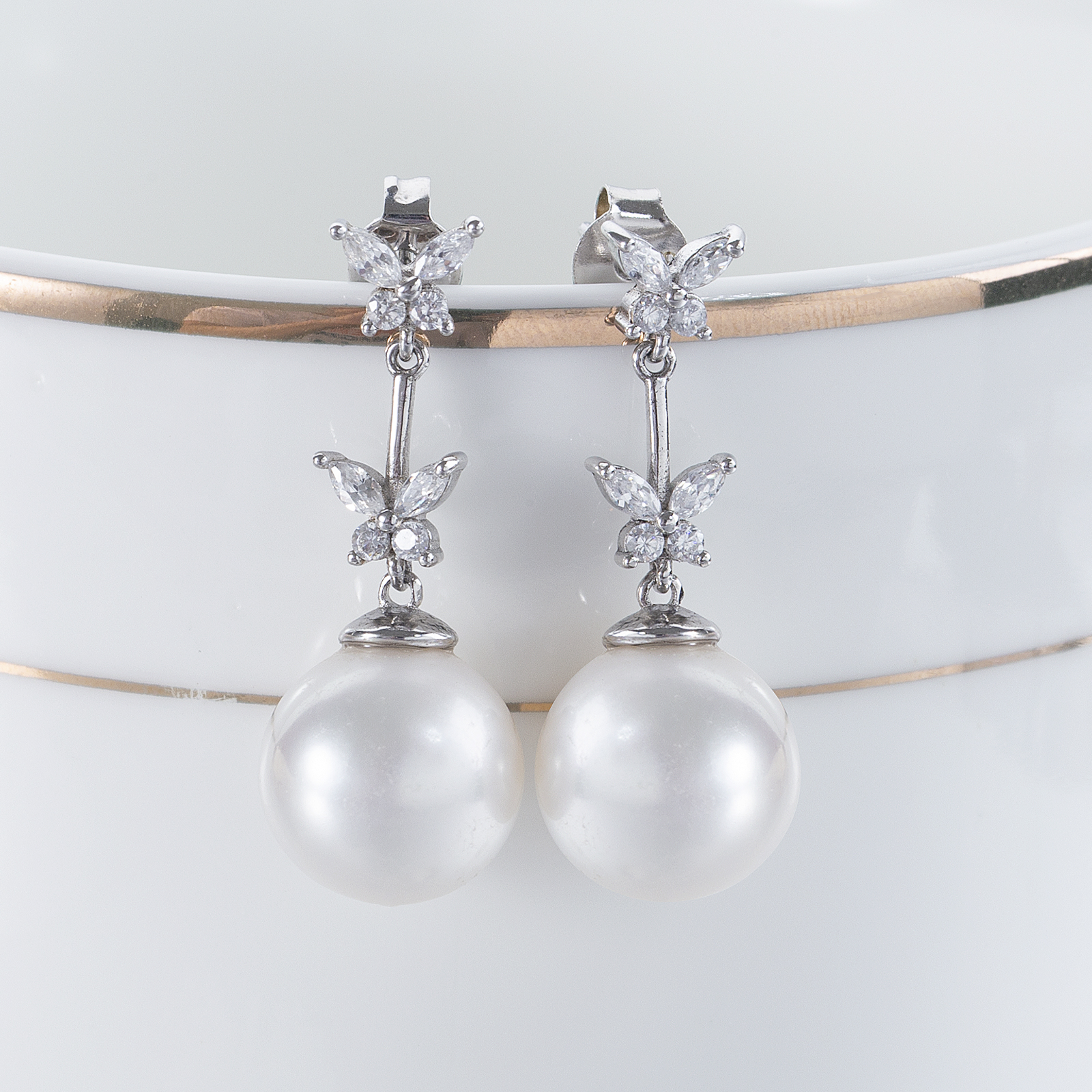 10-11mm pearl earrings butterfly crystal silver stud elegent women earrings