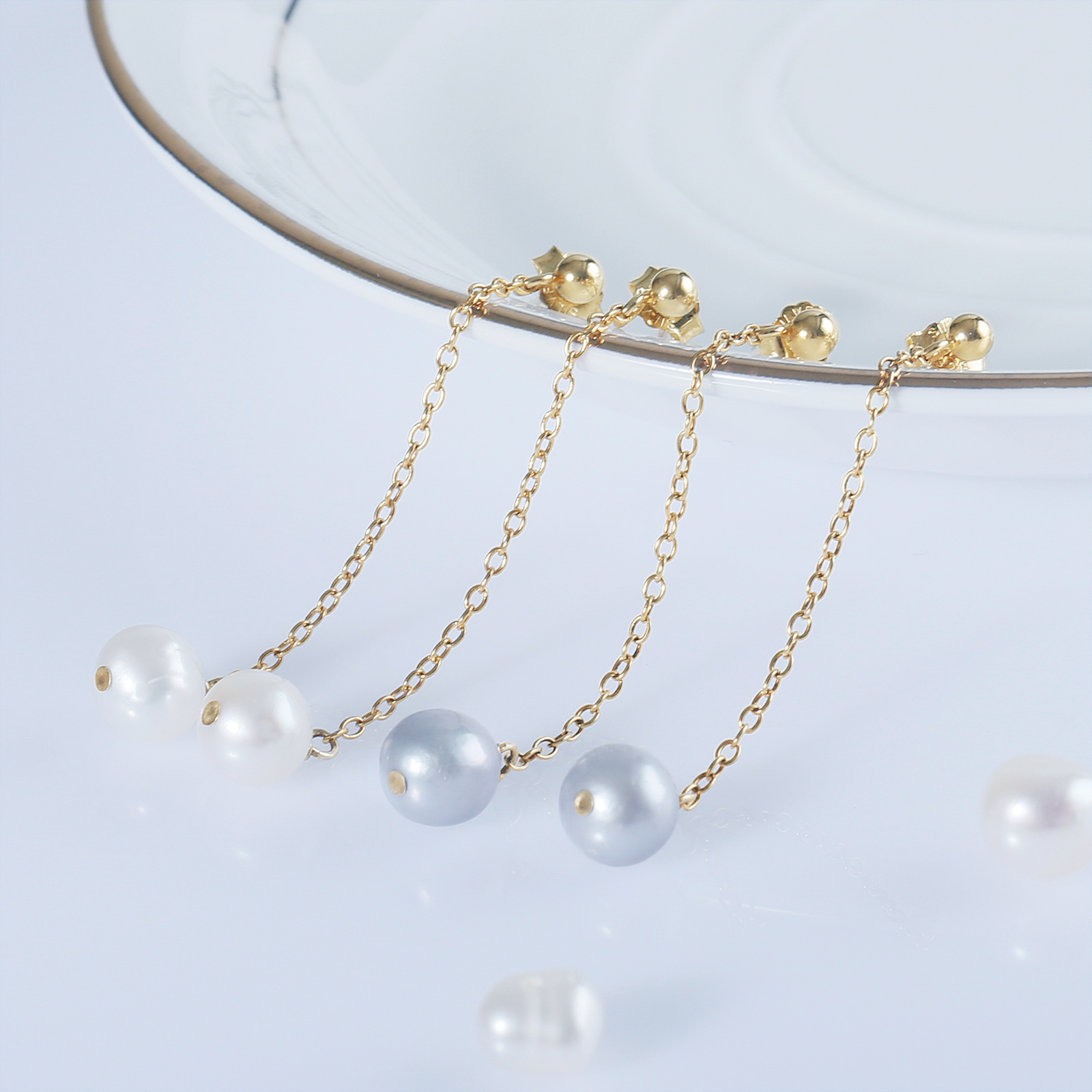 simple silver tassel pearl stud earrings made by hand
