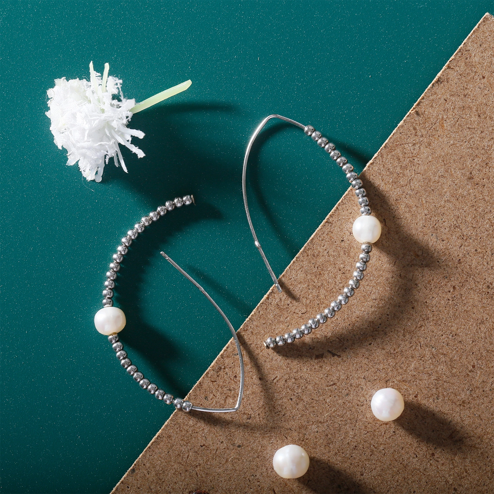 5-6mm freshwater pearl 2mm silver beads 35mm silver hook pearl earrings