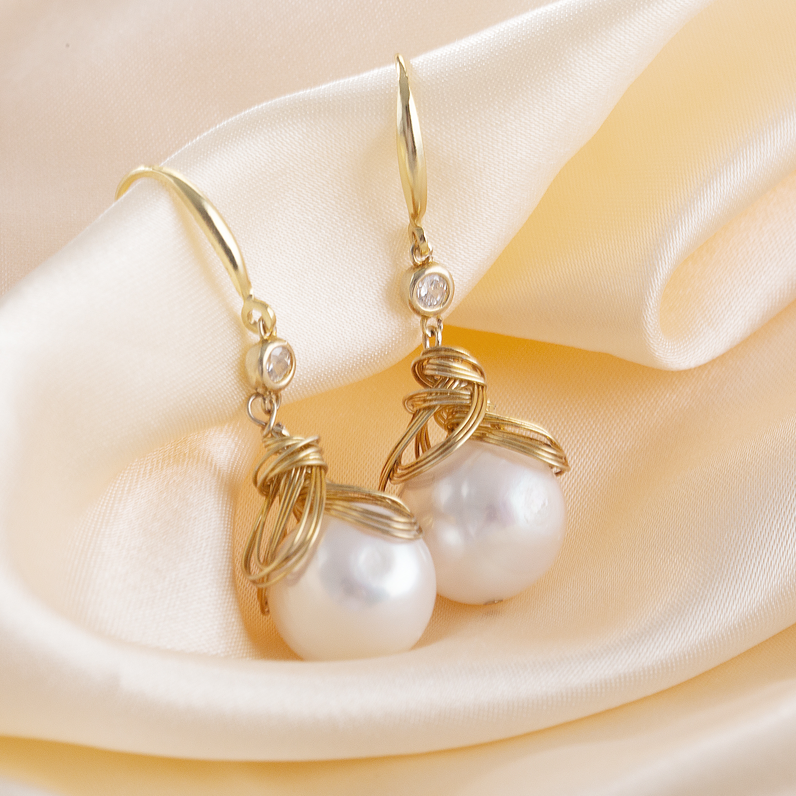silver wire gold plated pearl drop silver hook earrings