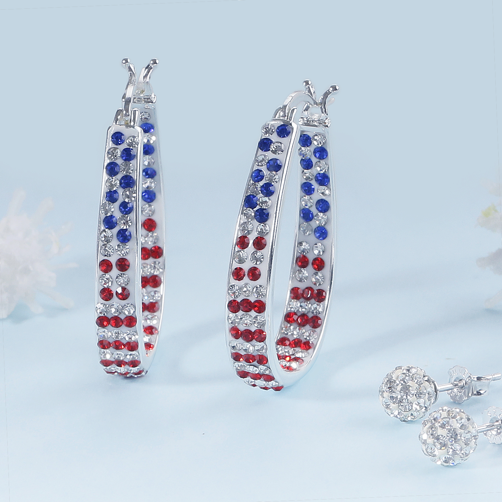 31.5x23.7mm brass clip top hoop earrings with coloful crystal for women(the Old Glory)