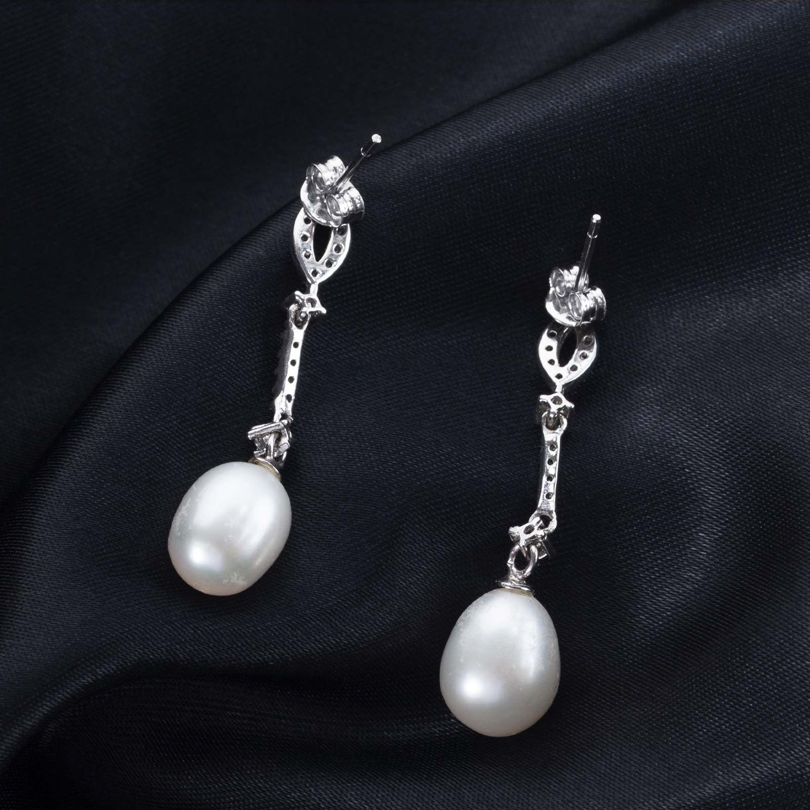 8-9mm white pearl silver stud cz earrings rhodium plated