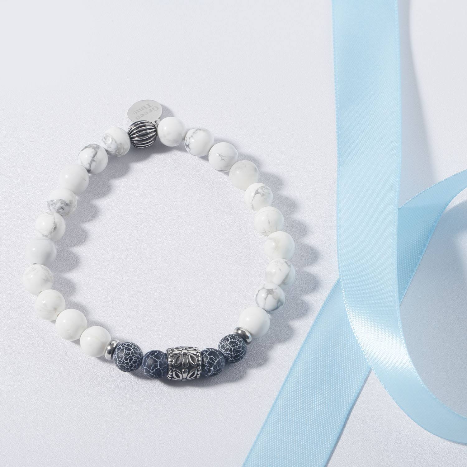 white howlite beads&weathering agate beads&stainless steel watermelon beads stretch bracelet