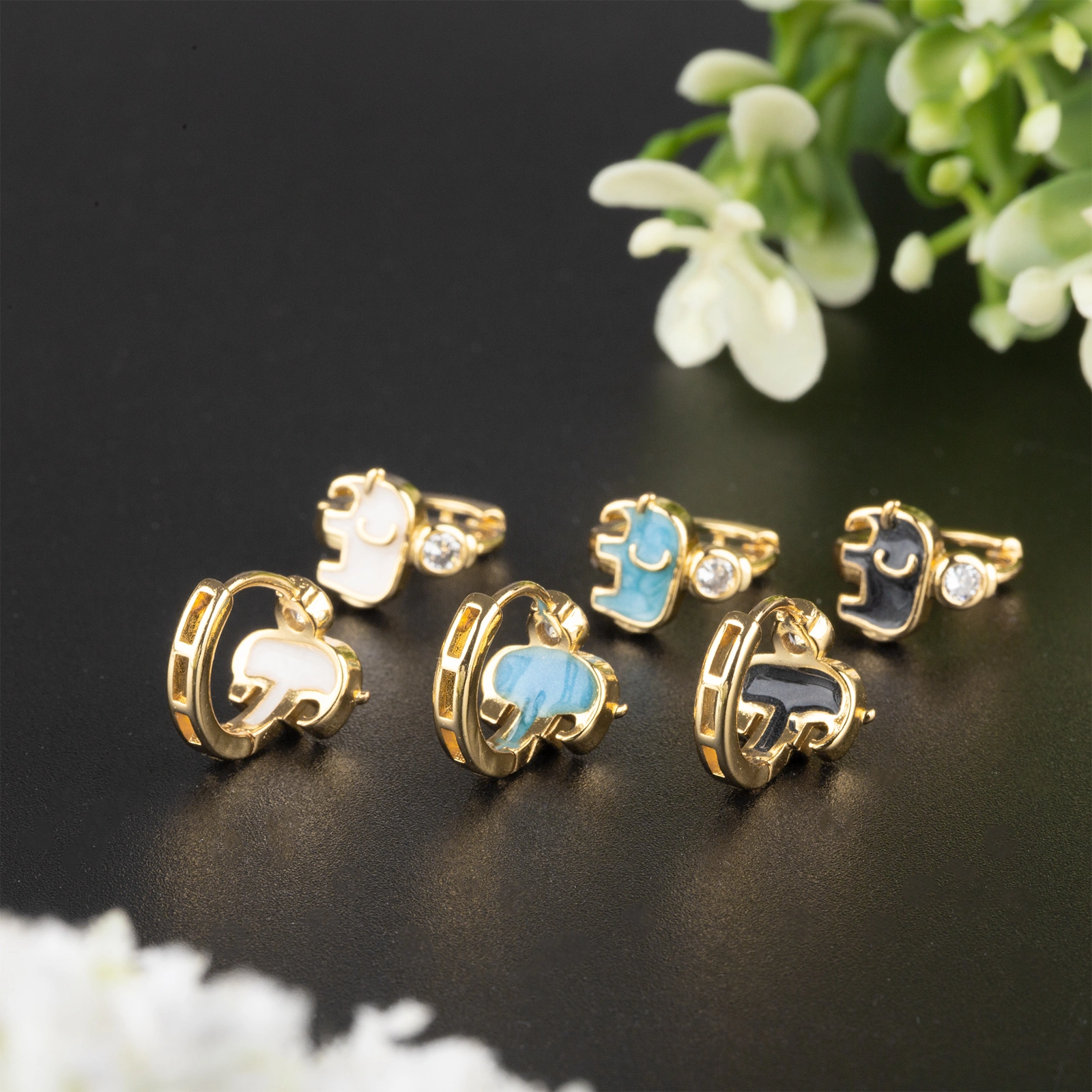 Mini brass huggie earrings gold plated with cubic zirconia women's jewelry gifts elephant shape enamel earrings