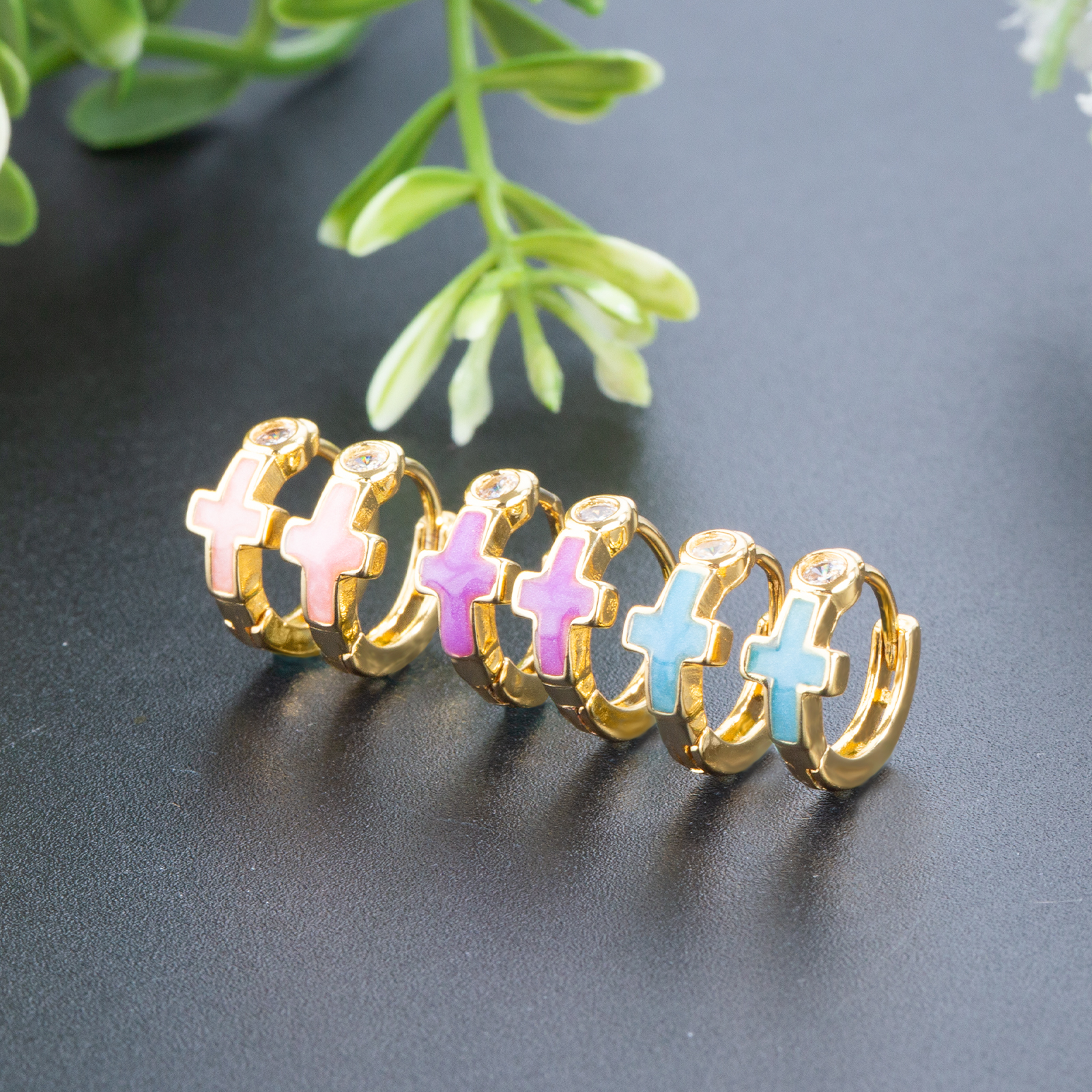 Mini brass huggie hoop earrings gold plated with cubic zirconia women's jewelry gifts(cross)
