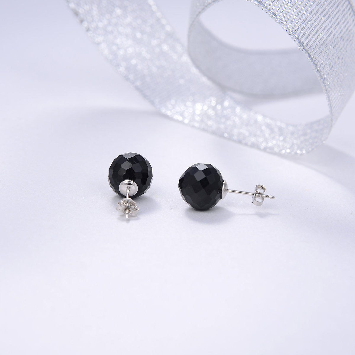 10mm round shape faceted gemstone earrings for women black onxy graceful silver earrings