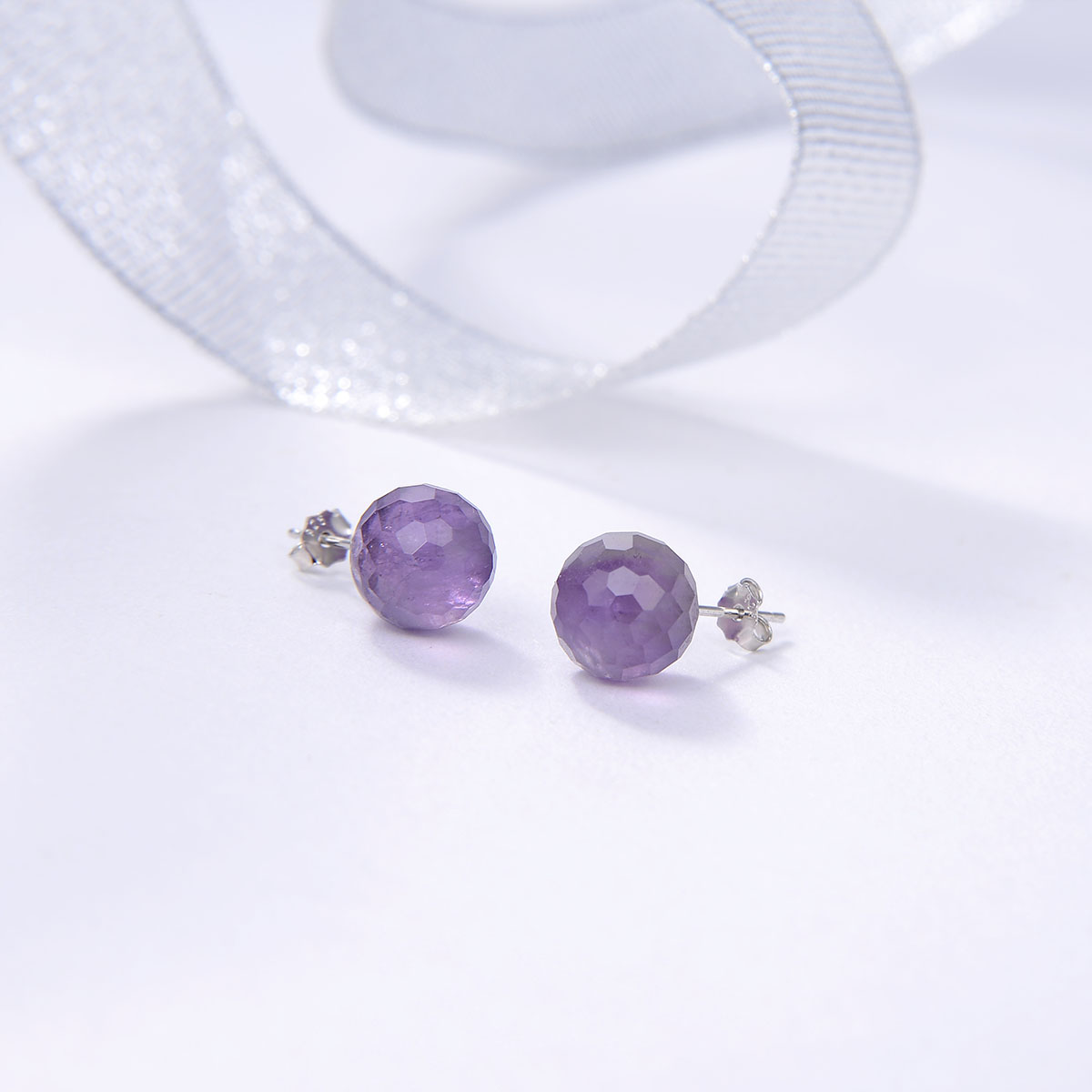 10mm round shape faceted gemstone earrings for women amethyst graceful silver earrings