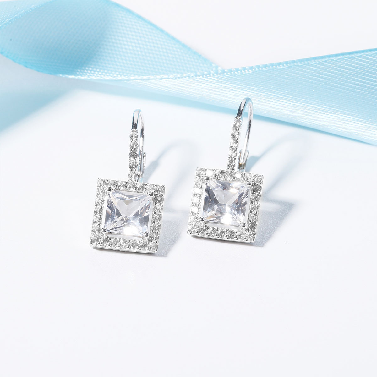 7x7mm faceted white crystal, 1.5mm round cubic zirconia lever back earrings
