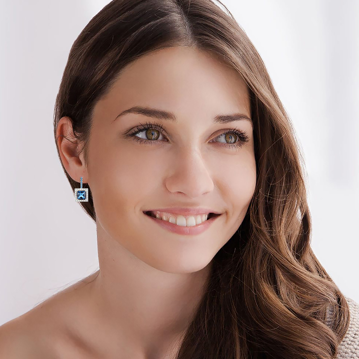 simple graceful womens earrings silver blue cz lever back earrings suqare shape
