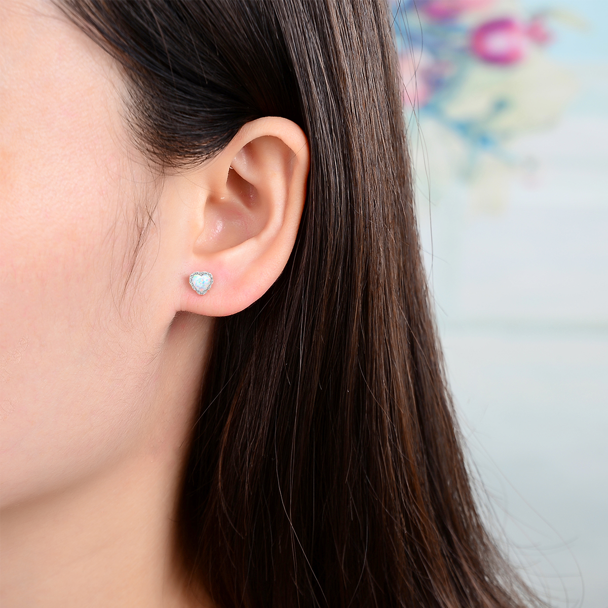4 prong birthstone and created white heart shape opal halo stud earrings