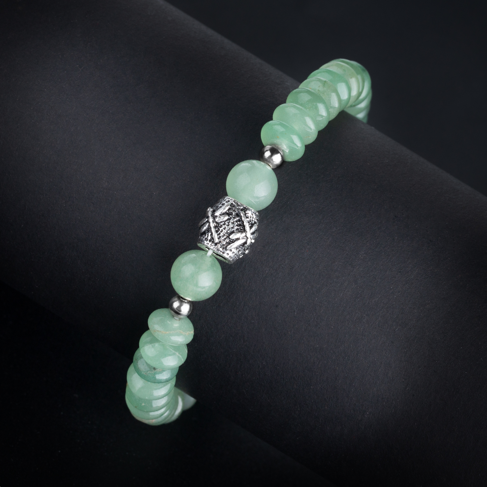 green aventurine beads + zinc alloy beads rhodium plated stretch bracelet women men jewelry